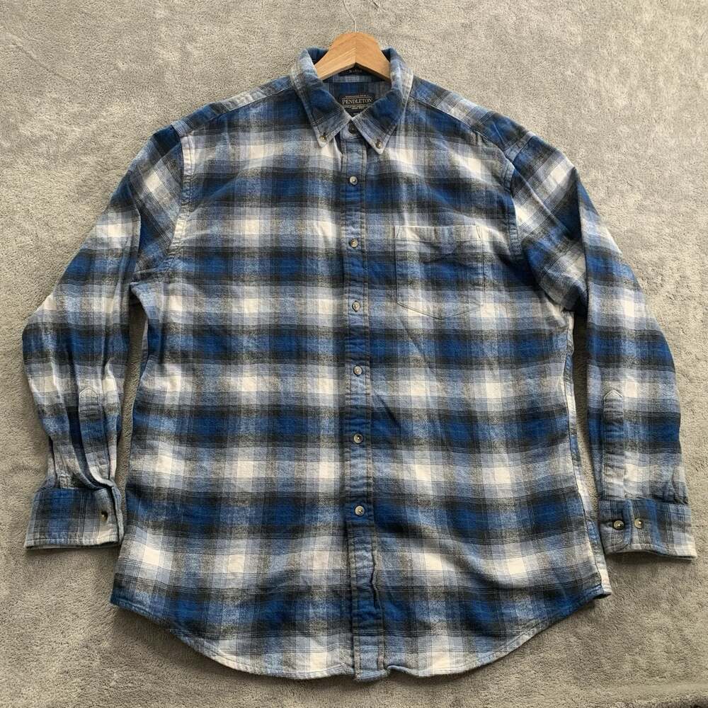 Pendleton Mason Plaid Flannel Shirt Mens Large Blue Long Sleeve Cotton Casual